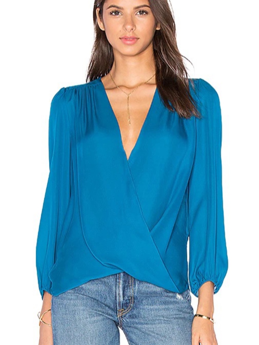 ALICE & OLIVIA • Arleene Drape Blouse in Dark Turquoise silk XS
